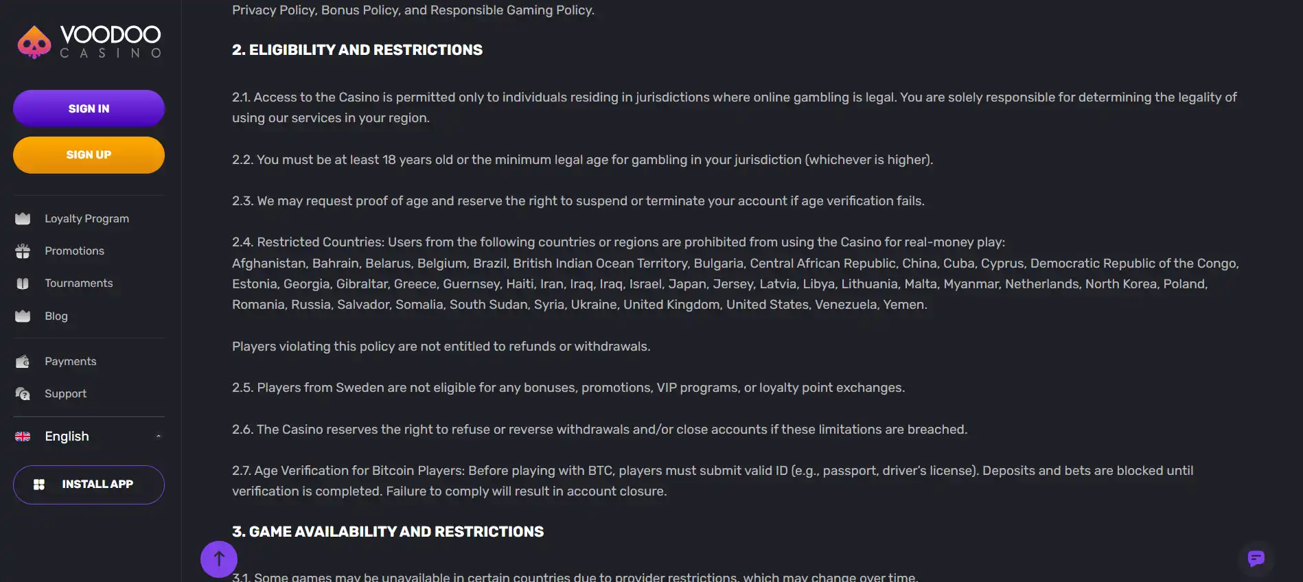 Official Voodoo Casino Terms evidence showing the United Kingdom in the restricted-country list