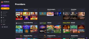 Current Voodoo Casino game catalogue or provider filter interface