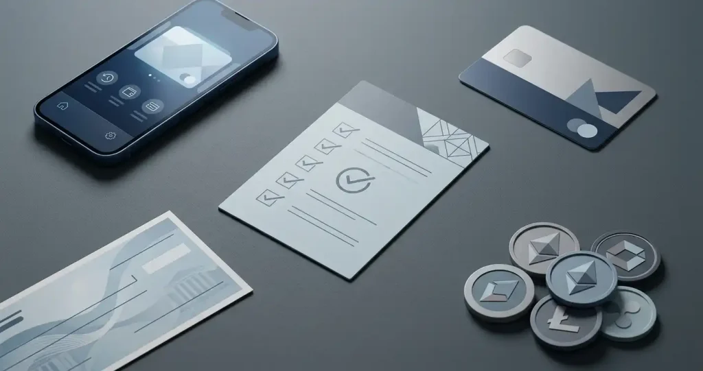 Illustration of payment categories including cards, bank transfer, e-wallet and cryptocurrency without casino branding