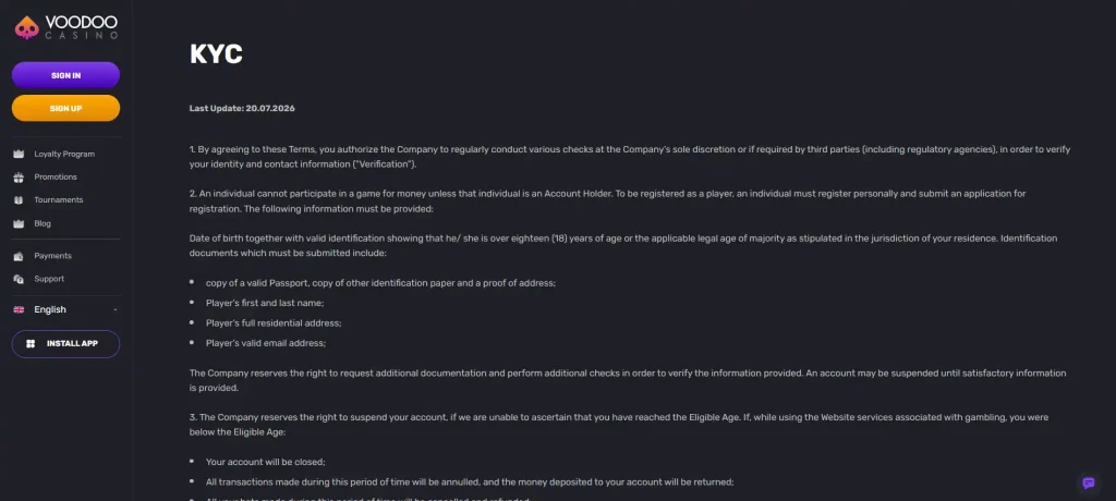 Official Voodoo Casino KYC information showing identity and proof-of-address requirements