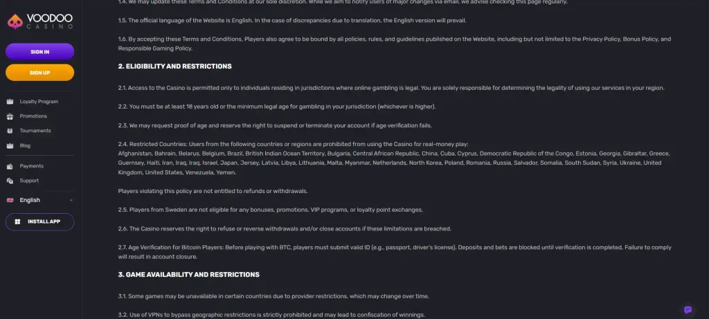 Official Voodoo Casino Terms showing the restricted-country section including the United Kingdom