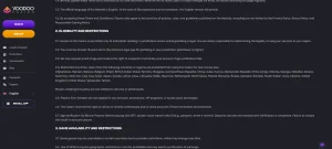 Official Voodoo Casino Terms showing the restricted-country section including the United Kingdom