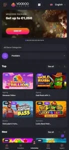 Voodoo Casino mobile-responsive homepage or game lobby shown in a real mobile browser